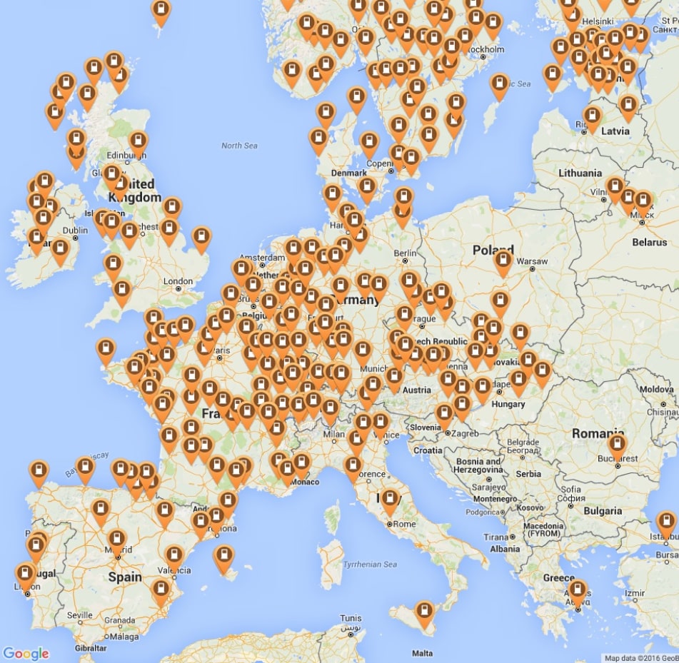 Mapa evrope sa prikazanim lokacijama punjača za električna vozila